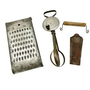 Vintage The Wonder Metal Grater & Egg Beater Kitchen Utensil Set For Collectors